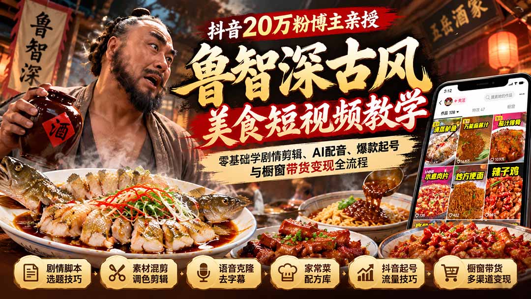 （21285期）抖音20万粉博主亲授鲁智深古风美食玩法：零基础学剧情剪辑、AI配音、爆款起号与橱窗带货变现全流程-九节课