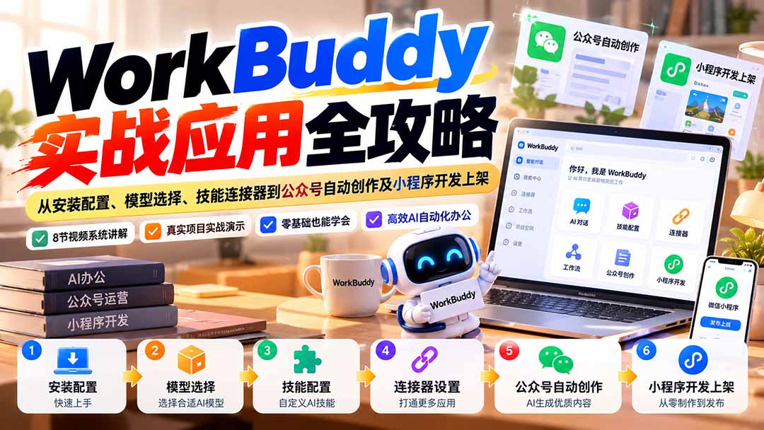 （21093期）WorkBuddy 实战应用全攻略：从安装配置、模型选择、技能连接器到公众号自动创作及小程序开发上架-九节课