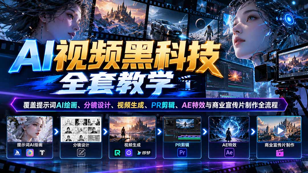 （21095期）AI视频黑科技全套教学：覆盖提示词AI绘画、分镜设计、视频生成、PR剪辑、AE特效与商业宣传片制作全流程-九节课