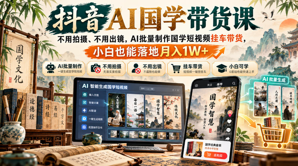 抖音AI国学带货课，不用拍摄、不用出镜，AI批量制作国学短视频挂车带货，小白也能落地月入1W+-九节课