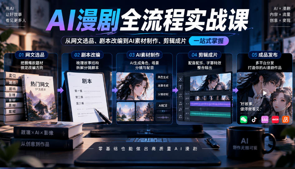 AI漫剧全流程实战课，覆盖从网文选品、剧本改编到AI素材制作、剪辑成片的完整链路-九节课