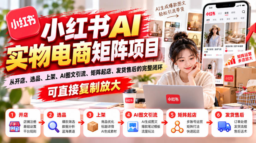 小红书AI实物电商矩阵项目，从开店、选品、上架、AI图文引流、矩阵起店、发货售后的完整闭环，可直接复制放大-九节课