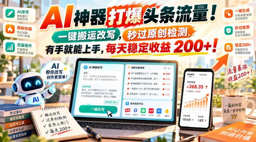 AI神器打爆头条流量，一键搬运改写，秒过原创检测，有手就能上手，每天稳定收益200+！【揭秘】-九节课