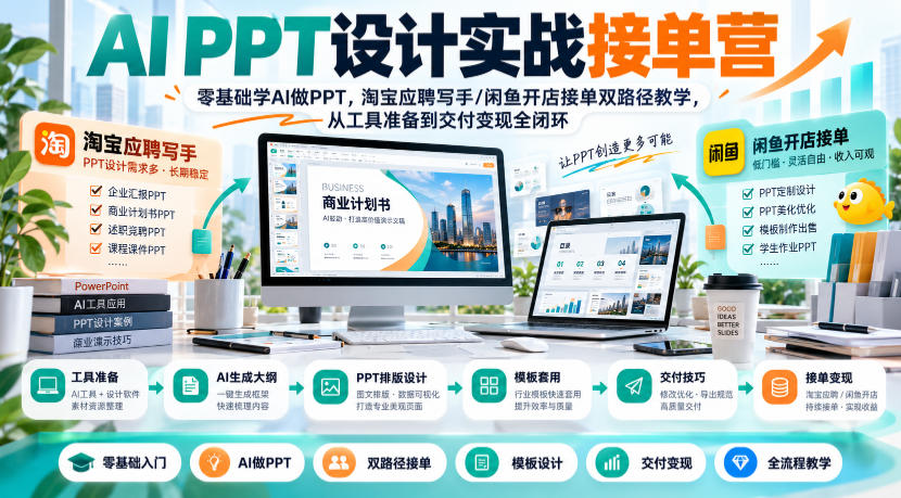 AI PPT设计实战接单营｜零基础学AI做PPT，淘宝应聘写手/闲鱼开店接单双路径教学，从工具准备到交付变现全闭环-九节课