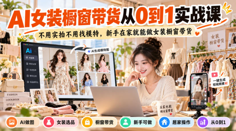 AI女装橱窗带货从0到1实战课，不用实拍不用找模特，新手在家就能做女装橱窗带货-九节课