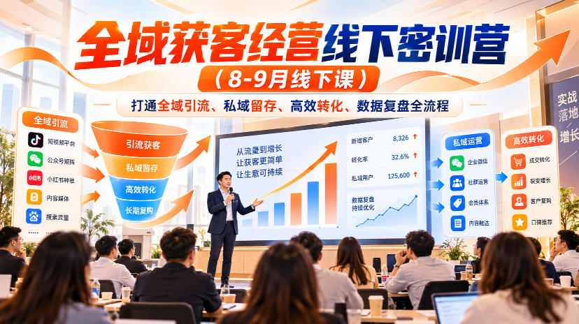 全域获客经营线下密训营（8-9月线下课），打通全域引流、私域留存、高效转化、数据复盘全流程-九节课