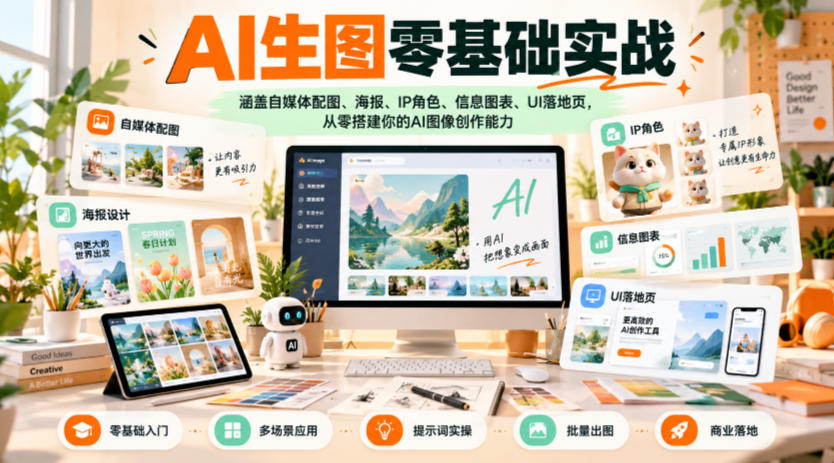 AI生图零基础实战，涵盖自媒体配图、海报、IP角色、信息图表、UI落地页，从零搭建你的AI图像创作能力-九节课