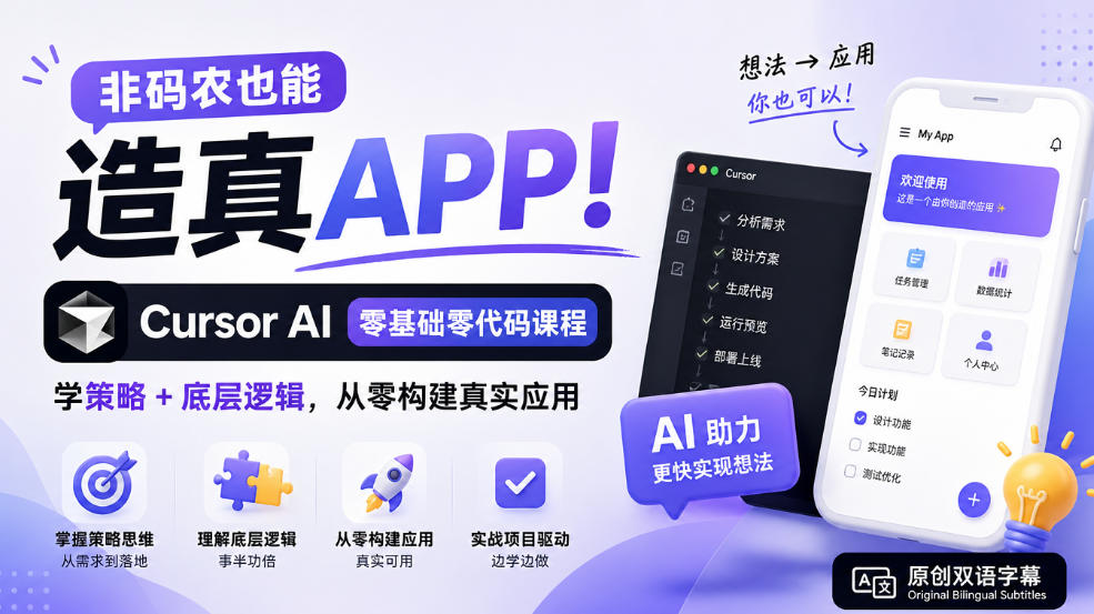 非码农也能造真APP！Cursor AI零基础零代码课程：学策略+底层逻辑，从零构建真实应用【原创双语字幕】-九节课