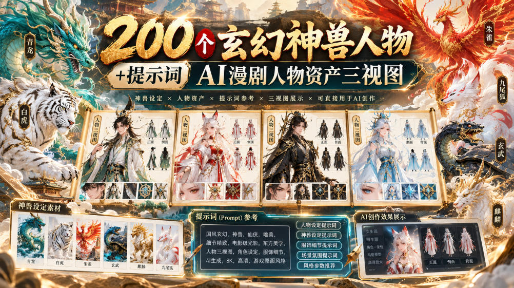 200个玄幻神兽人物+提示词ai漫剧人物资产三视图-九节课