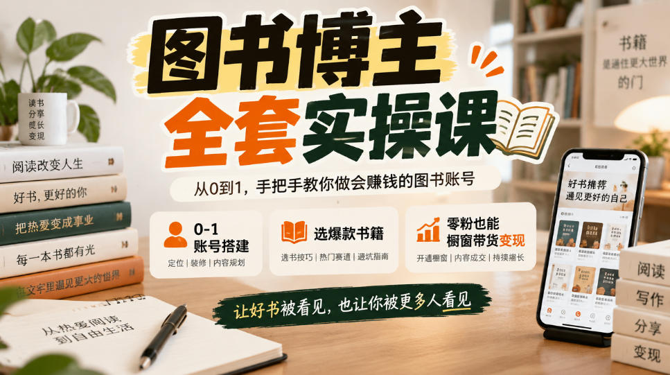 图书博主全套实操课，0‑1账号搭建，选爆款书籍，零粉也能橱窗带货变现-九节课