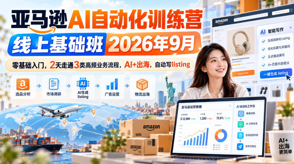 亚马逊AI自动化训练营线上基础班2026年9月，零基础入门，2天走通3类高频业务流程，AI+出海，自动写listing-九节课