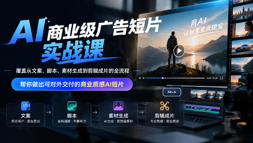 AI商业级广告短片实战课，覆盖从文案、脚本、素材生成到剪辑成片的全流程，帮你做出可对外交付的商业质感AI短片-九节课