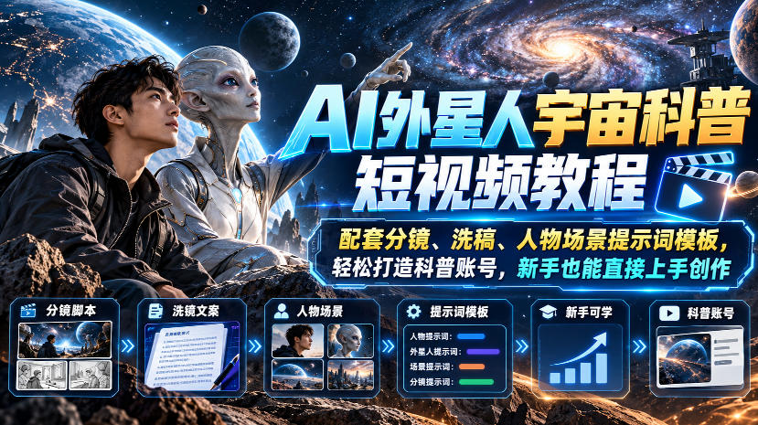 AI外星人宇宙科普短视频教程，配套分镜、洗稿、人物场景提示词模板，轻松打造科普账号，新手也能直接上手创作-九节课