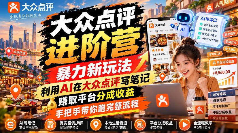 大众点评进阶营，暴力新玩法，利用AI在大众点评写笔记， 賺取平台分成收益，手把手带你跑完整流程-九节课