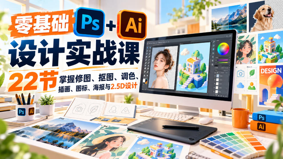 【无水印】零基础PS+AI设计实战课｜22节掌握修图、抠图、调色、插画、图标、海报与2.5D设计-九节课
