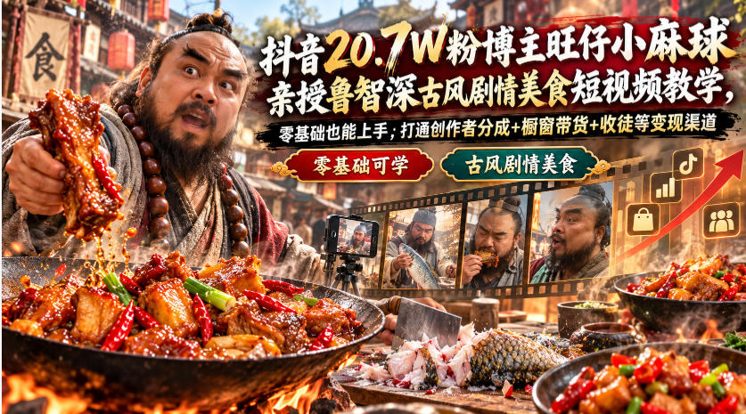 抖音20.7W粉博主旺仔小麻球亲授鲁智深古风剧情美食短视频教学，零基础也能上手，打通创作者分成+橱窗带货+收徒等变现渠道-九节课