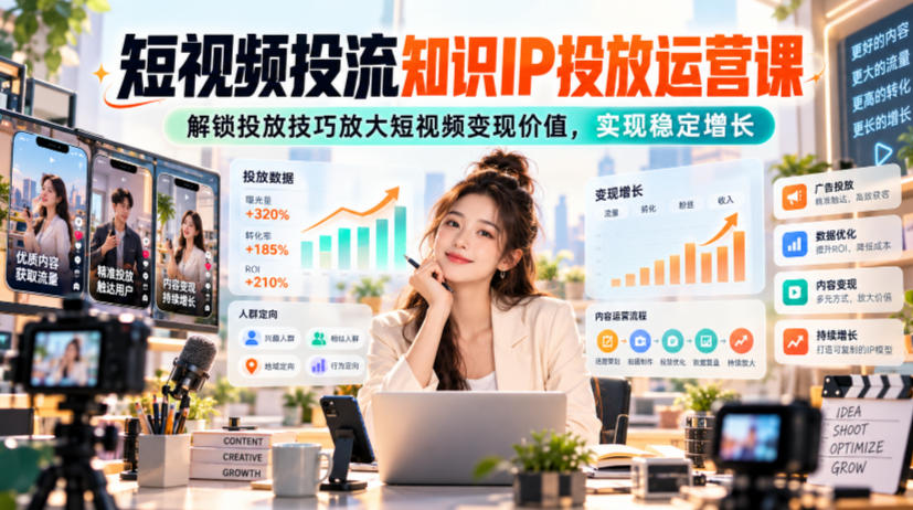 短视频投流知识IP投放运营课，解锁投放技巧放大短视频变现价值，实现稳定增长-九节课