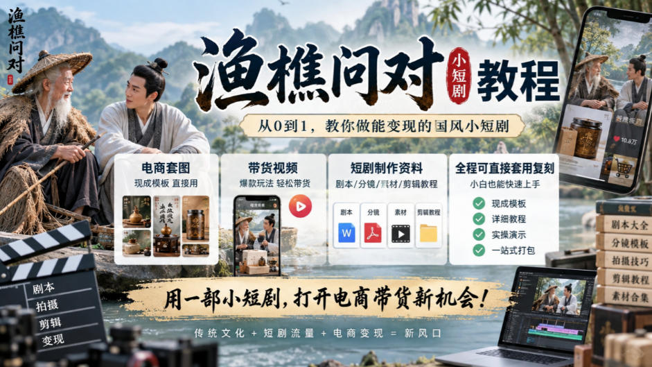 渔樵问对小短剧教程，包含电商套图、带货视频，短剧制作资料，全程可直接套用复刻-九节课