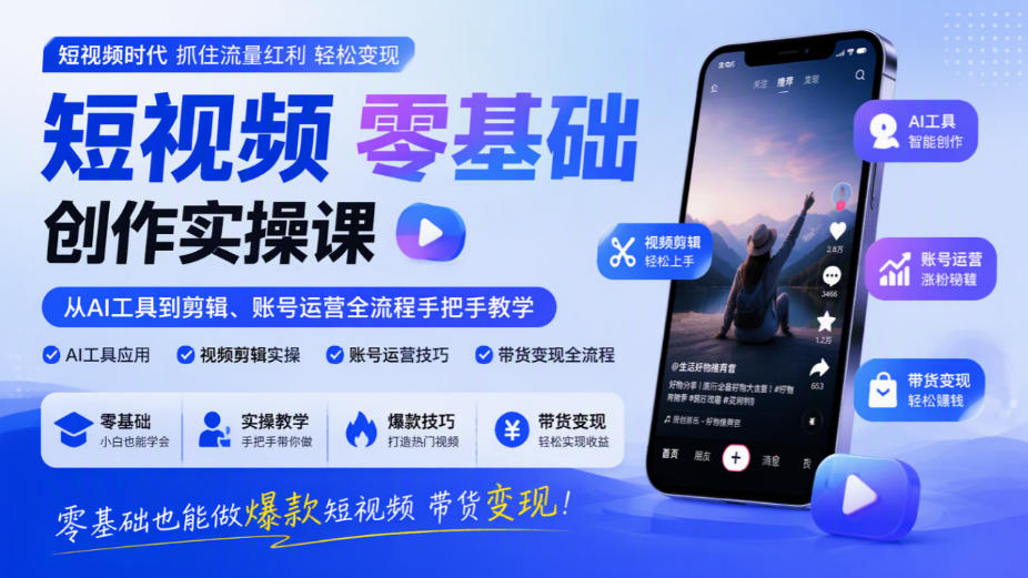 短视频零基础创作实操课，从AI工具到剪辑、账号运营全流程手把手教学，零基础也能做爆款短视频带货变现-九节课