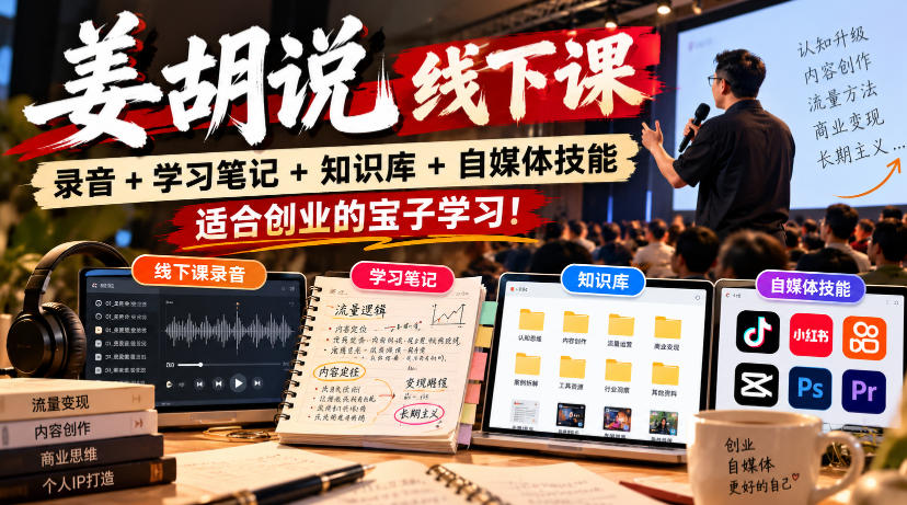 姜胡说线下课录音＋学习笔记＋知识库＋自媒体技能，​适合创业的宝子学习！-九节课