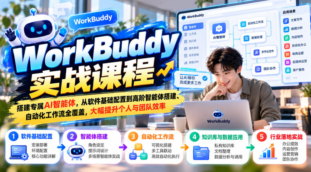 WorkBuddy实战课程，搭建专属AI智能体，从软件基础配置到高阶智能体搭建、自动化工作流全覆盖，大幅提升个人与团队效率-九节课
