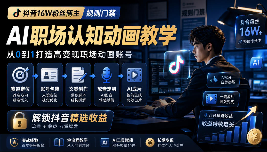 抖音16W粉丝博主规则门禁的AI职场认知动画教学，从赛道定位、账号包装，到文案创作、配音定制、AI成片，解锁抖音精选收益-九节课