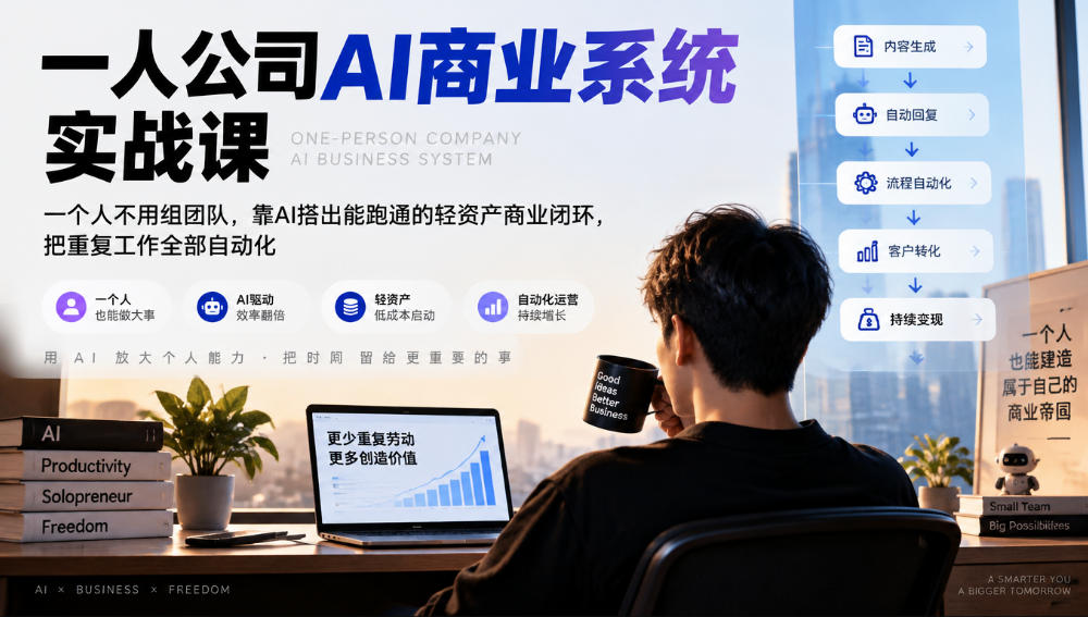 一人公司AI商业系统实战课，一个人不用组团队，靠AI搭出能跑通的轻资产商业闭环，把重复工作全部自动化-九节课