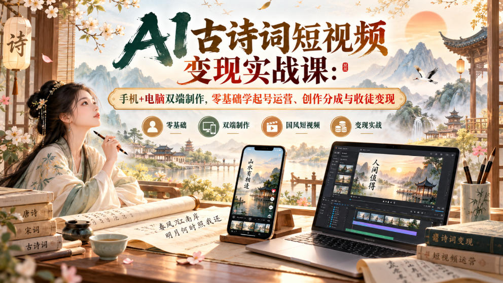 AI古诗词短视频变现实战课：手机+电脑双端制作，零基础学起号运营、创作分成与收徒变现-九节课