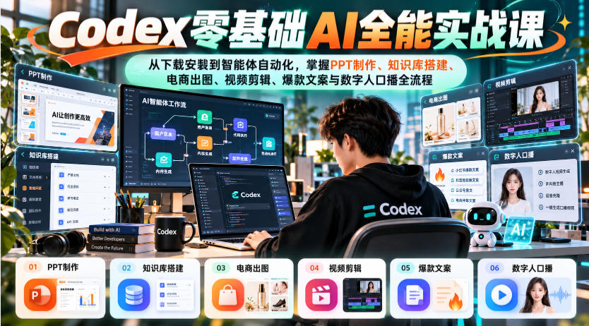 Codex零基础AI全能实战课：从下载安装到智能体自动化，掌握知识库搭建、电商出图、视频剪辑、爆款文案与数字人口播全流程-九节课