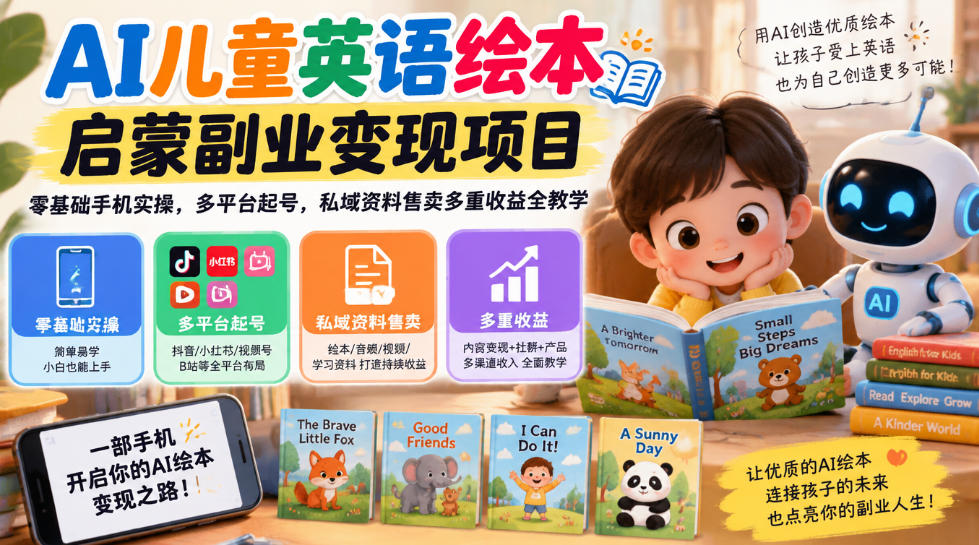 AI儿童英语绘本启蒙副业变现项目，零基础手机实操，多平台起号，私域资料售卖多重收益全教学-九节课