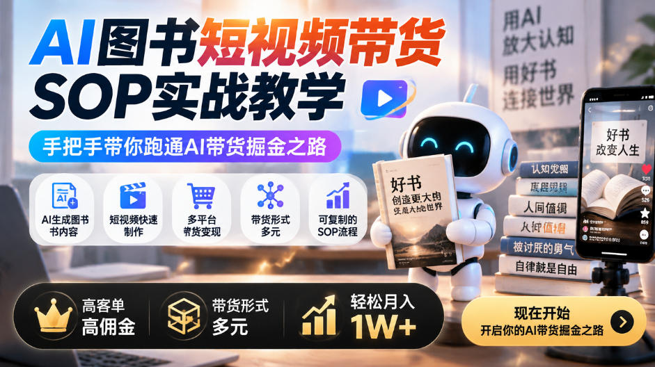 AI图书短视频带货SOP实战教学，手把手带你跑通AI带货掘金之路，高客单高佣金，带货形式多元，轻松月入1W+-九节课