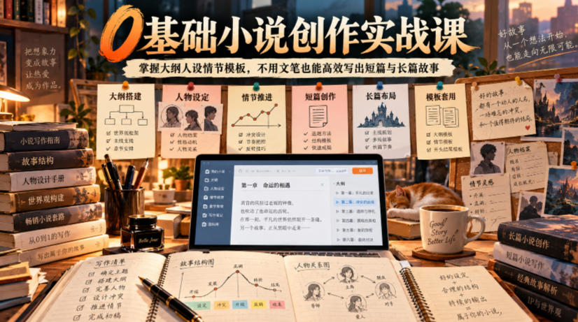 0基础小说创作实战课｜掌握大纲人设情节模板，不用文笔也能高效写出短篇与长篇故事-九节课