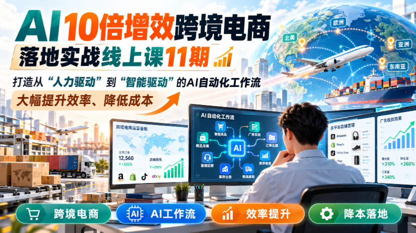 AI 10倍增效跨境电商落地实战线上课11期，打造从人力驱动到智能驱动的AI自动化工作流，大幅提升效率、降低成本-九节课
