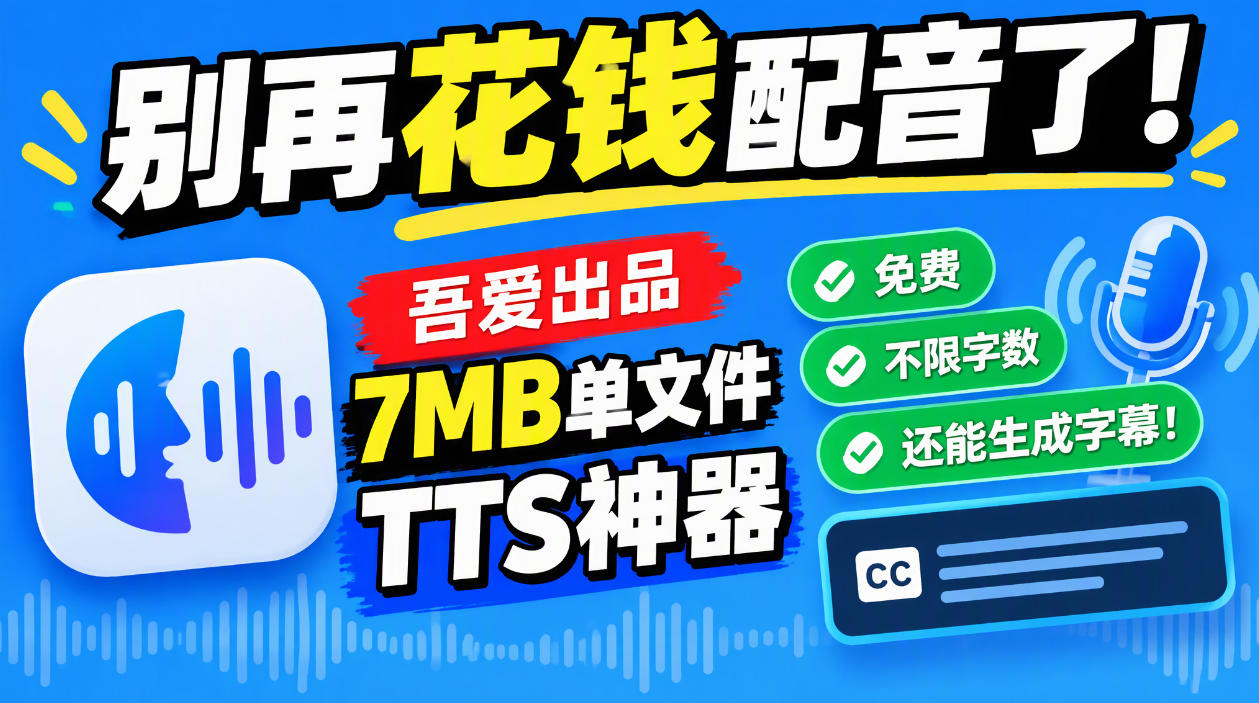 别再花钱配音了！吾爱出品7MB单文件TTS神器，免费不限字数还能生成字幕！-九节课