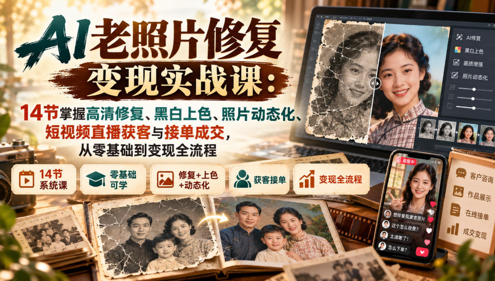 AI老照片修复变现实战课：14节掌握高清修复、黑白上色、照片动态化、短视频直播获客与接单成交，从零基础到变现全流程-九节课