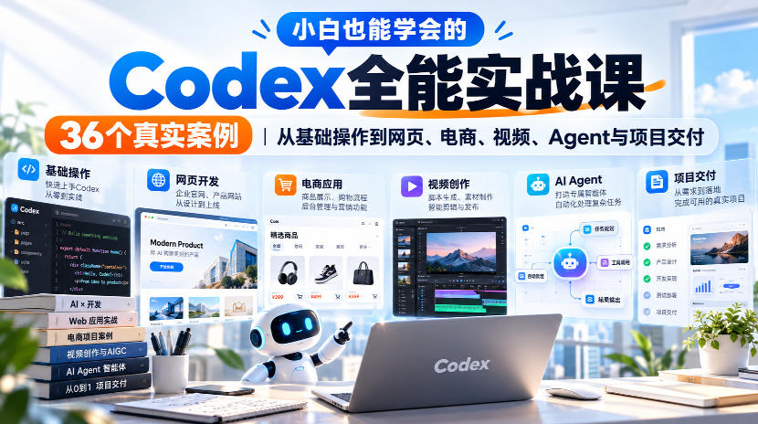 小白也能学会的Codex全能实战课｜36个真实案例，从基础操作到网页、电商、视频、Agent与项目交付-九节课