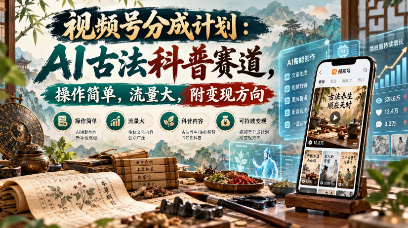 视频号分成计划：AI古法科普赛道，操作简单，流量大，附变现方向-九节课