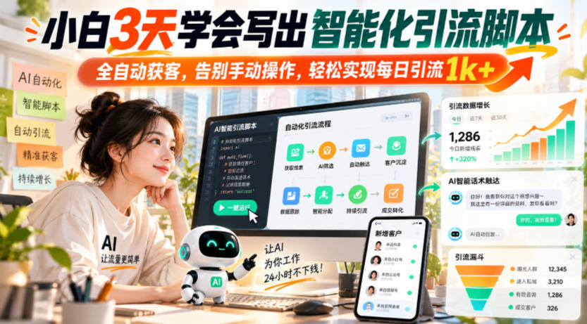 小白3天学会写出智能化引流脚本，全自动获客，告别手动操作，轻松实现每日引流1k+-九节课