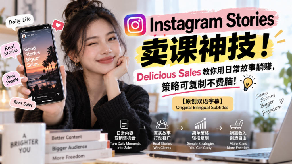 Instagram Stories卖课神技！Delicious Sales教你用日常故事躺賺，策略可复制不费脑！【原创双语字幕】-九节课