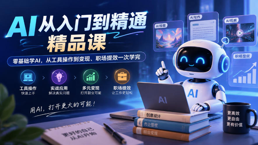 AI从入门到精通精品课，零基础学AI，从工具操作到变现、职场提效一次学完-九节课