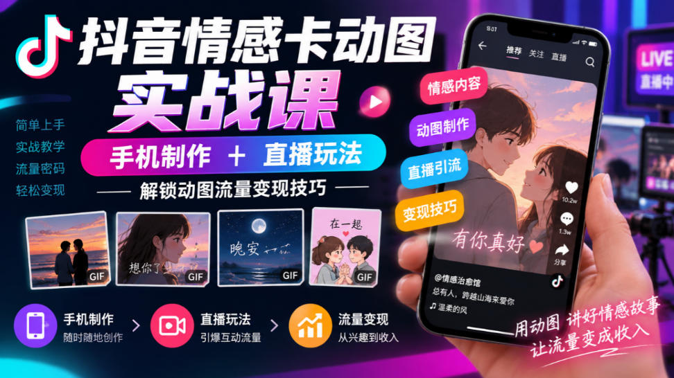抖音情感卡动图实战课｜手机制作+直播玩法，解锁动图流量变现技巧-九节课