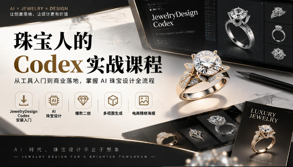 珠宝人的Codex实战课程｜JewelryDesign Codex安装入门、AI珠宝设计、爆款二创、多视图生成、电商精修海报全链路教学-九节课