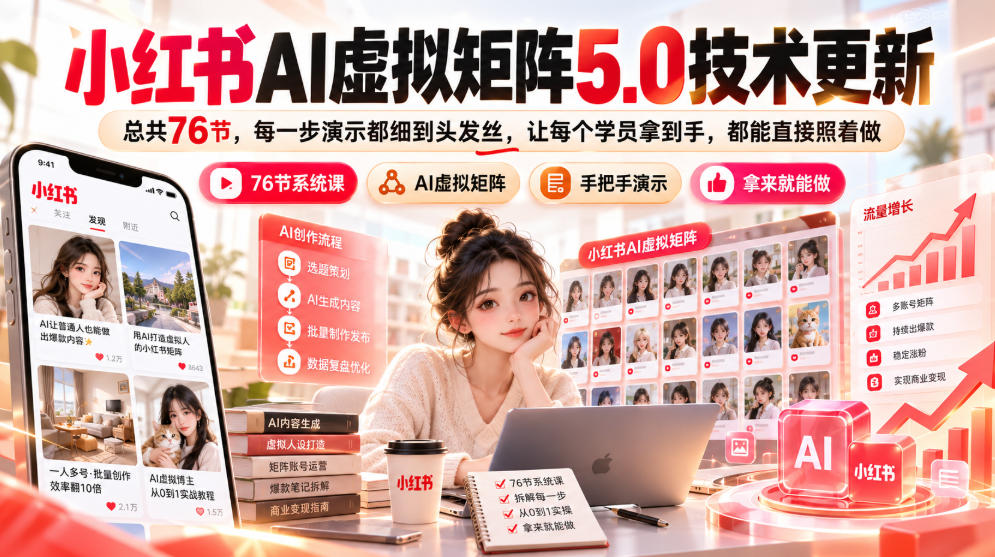 小红书AI虚拟矩阵5.0技术更新，总共76节，每一步演示都细到头发丝，让每个学员拿到手，都能直接照着做-九节课