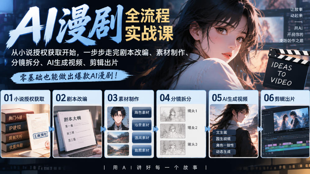 AI漫剧全流程实战课｜从小说授权获取开始，一步步走完剧本改编、素材制作、分镜拆分、AI生成视频、剪辑出片全流程-九节课
