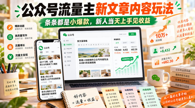 公众号流量主新文章内容玩法，条条都是小爆款，新人当天上手见收益-九节课