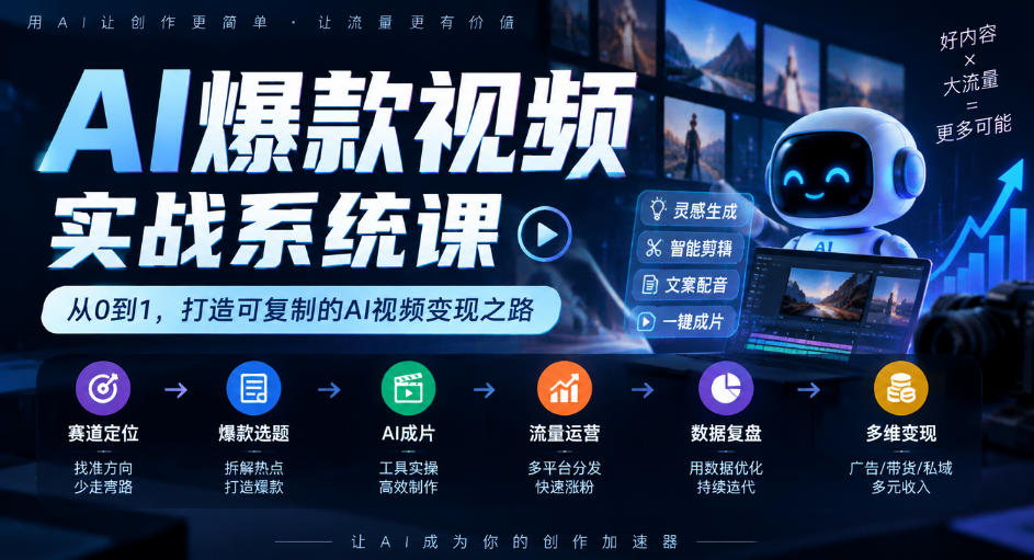 AI爆款视频实战系统课｜赛道定位、爆款选题、AI成片、流量运营、数据复盘、多维变现全链路教学-九节课