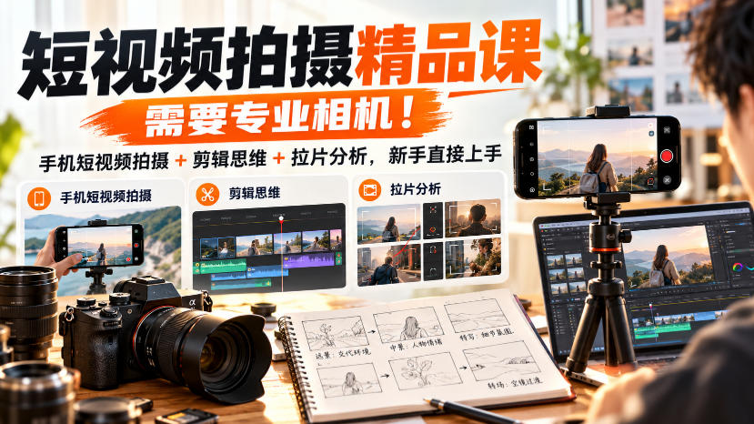 短视频拍摄精品课，需要专业相机！手机短视频拍摄+剪辑思维+拉片分析，新手直接上手-九节课