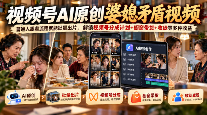 视频号ai原创婆媳矛盾视频，普通人跟着流程就能批量出片，解锁视频号分成计划+橱窗带货+收徒等多种收益-九节课