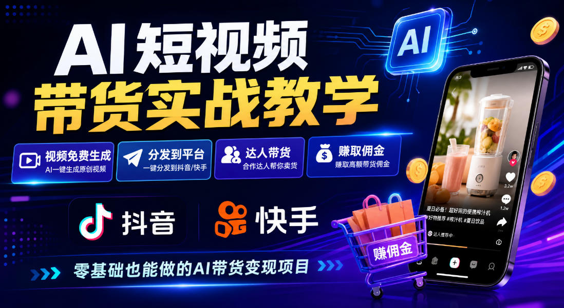 AI短视频带货实战教学，视频免费生成，分发到抖音快手平台，达人带货賺佣金-九节课