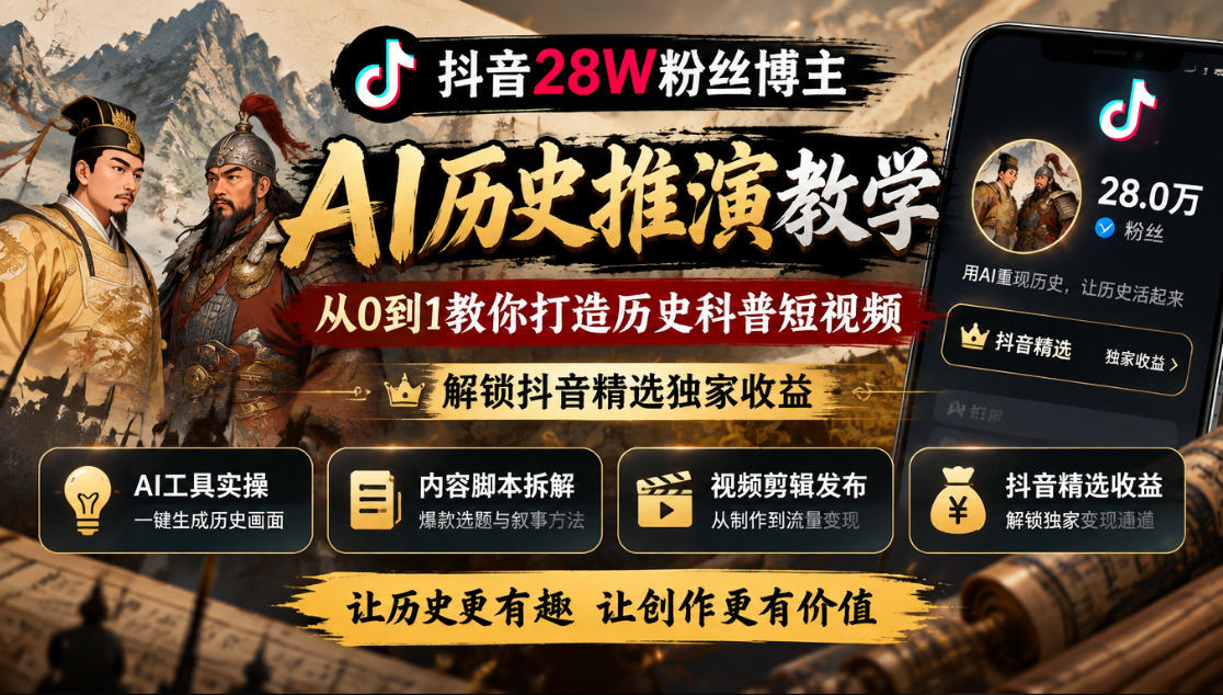 抖音28W粉丝博主的AI历史推演教学，从0到1教你打造历史科普短视频，解锁抖音精选独家收益-九节课